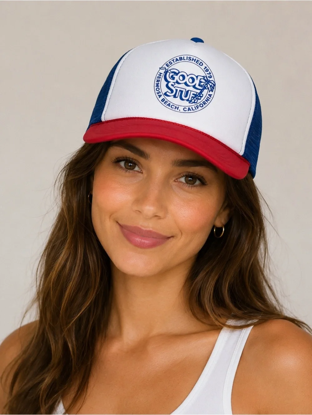 Good Stuff Hermosa Beach California Unisex Red White Blue Casual Trucker Hat